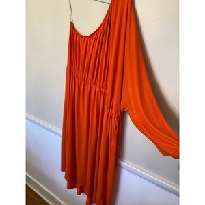 Orange one shoulder cinched waist dress